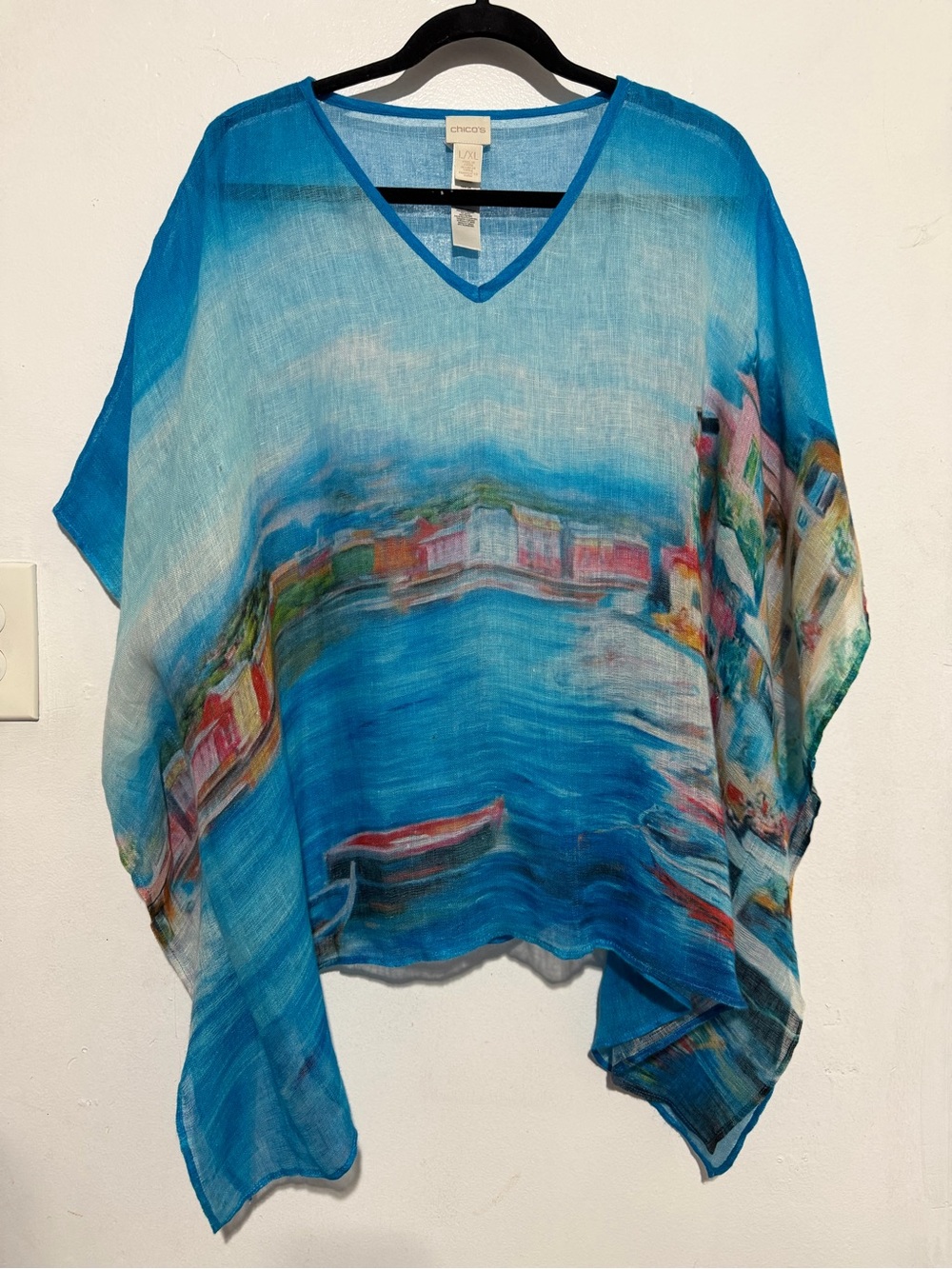Chico’s 100% Linen Scenic Harbor Print Poncho Top Blue L/XL